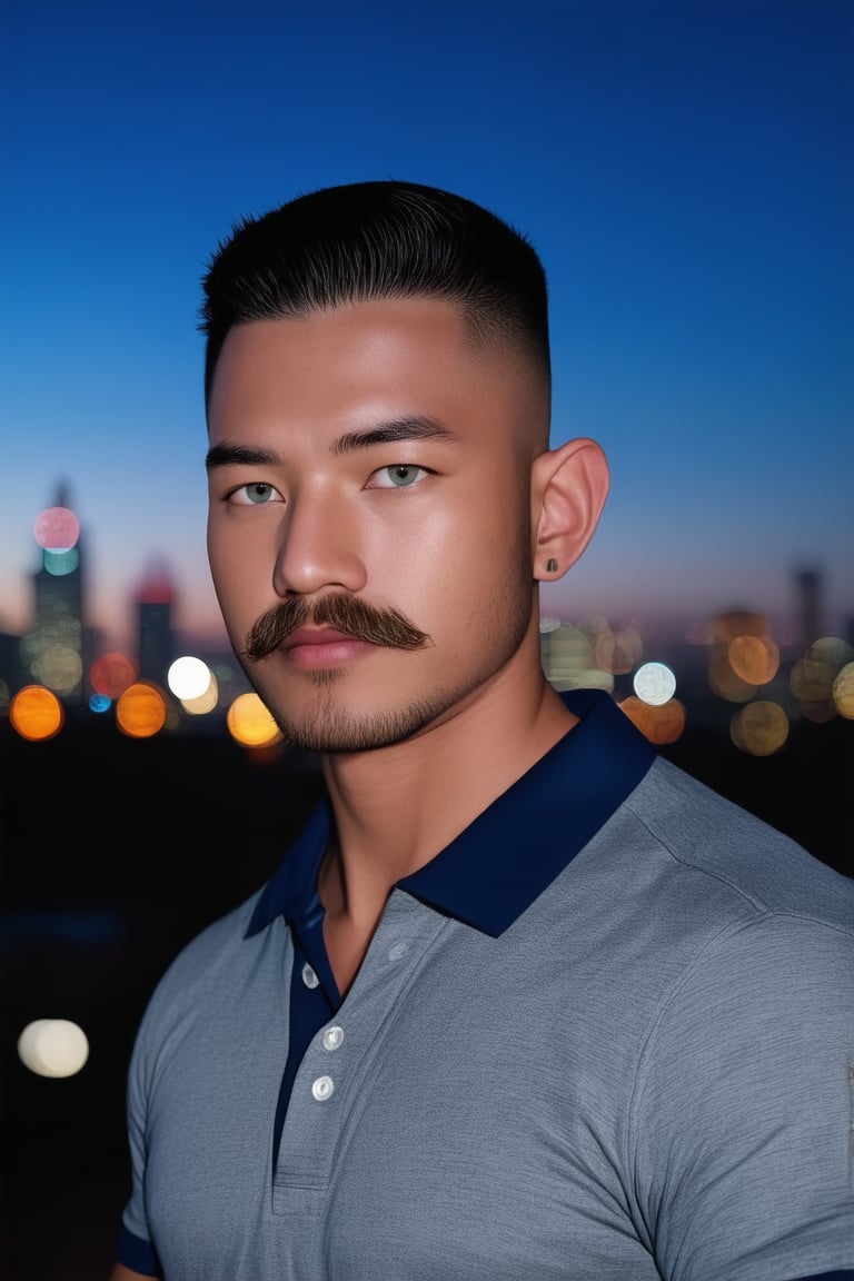 Here is a prompt based on your description:

Create an image of Syahnk standing confidently in front of a cityscape at dusk, the night sky ablaze with twinkling lights. His sleek undercut hairstyle and facial hair accentuate his chiseled features, while piercing green eyes sparkle in the soft evening glow. HE dons a pencil mustache enhancing his asian features. He wears a crisp polo shirt, his muscular physique evident beneath the fabric. The blurred cityscape background provides a stunning contrast to Syahnk's sharp features, as if painted by light and shadow. The entire scene is rendered in UHD clarity, with a matte finish that adds depth and dimensionality.