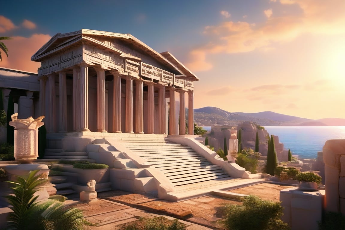 3d rendering, absurdperfect image of ancient greece, professional space design, surreal quality, highres, depth of field, impressive, creative, perfect, highly-detailed, joyful, cinematic, exceptional masterpiece, high-definition, smooth clear clean CGI in UHD, unreal engine, colorful, vibrant, alive, vivid, futuristic, historical,