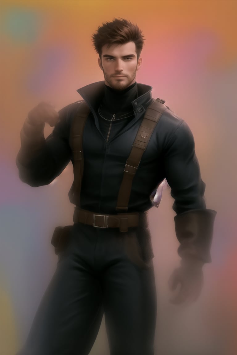 NiconaUt, a dashing 27-year-old Italian spy, stands confidently with muscular physique and chiseled features against a vibrant crayon background featuring a whimsical kingdom. His ginger facial hair adds a touch of ruggedness to his handsome face, framed by a short crew cut hairstyle. He wears a large BLACK jacket over a rendered shirt, Jodhpurs pants, and boots, exuding a sense of adventure as he strikes a dynamic pose. The MATTE PASTEL brushstrokes enhance the definition in his cheekbones, freckles, and overall creative vibe, radiating fun and coolness.,Niconaut