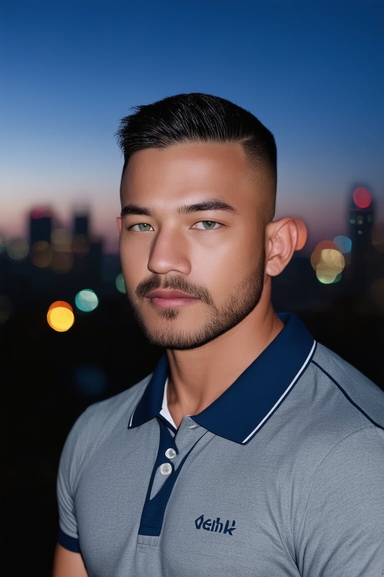 Syahnk stands confidently in front of a cityscape at dusk, the night sky ablaze with twinkling lights. A sleek, undercut hairstyle and facial hair accentuate his chiseled features, while piercing green eyes seem to sparkle in the soft, evening glow. He wears a crisp polo shirt, his muscular physique evident beneath the fabric. The background, blurred into a beautiful bokeh, provides a stunning contrast to Syahnk's sharp, high-definition features. A UHD masterpiece, this photograph exudes perfection, with a matte finish that adds depth and dimensionality.