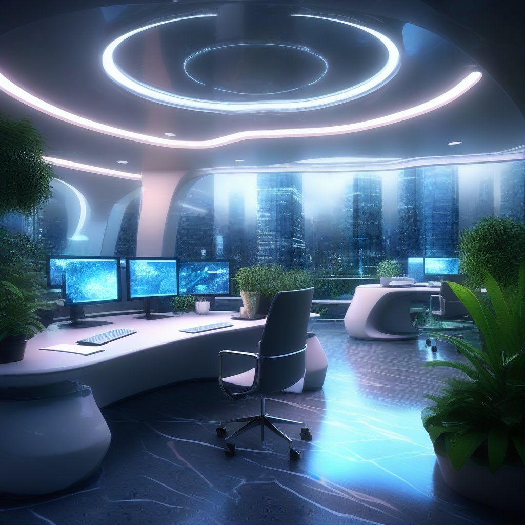 professional 3d, image of a futuristic office, high-tech absurdperfect interiot design, highly-detailed, intricate, computers, cyberdesks, plants, vases, glowing ornaments, uhd, exceptional masterpiece, perfect architecture, marble, raining weather,