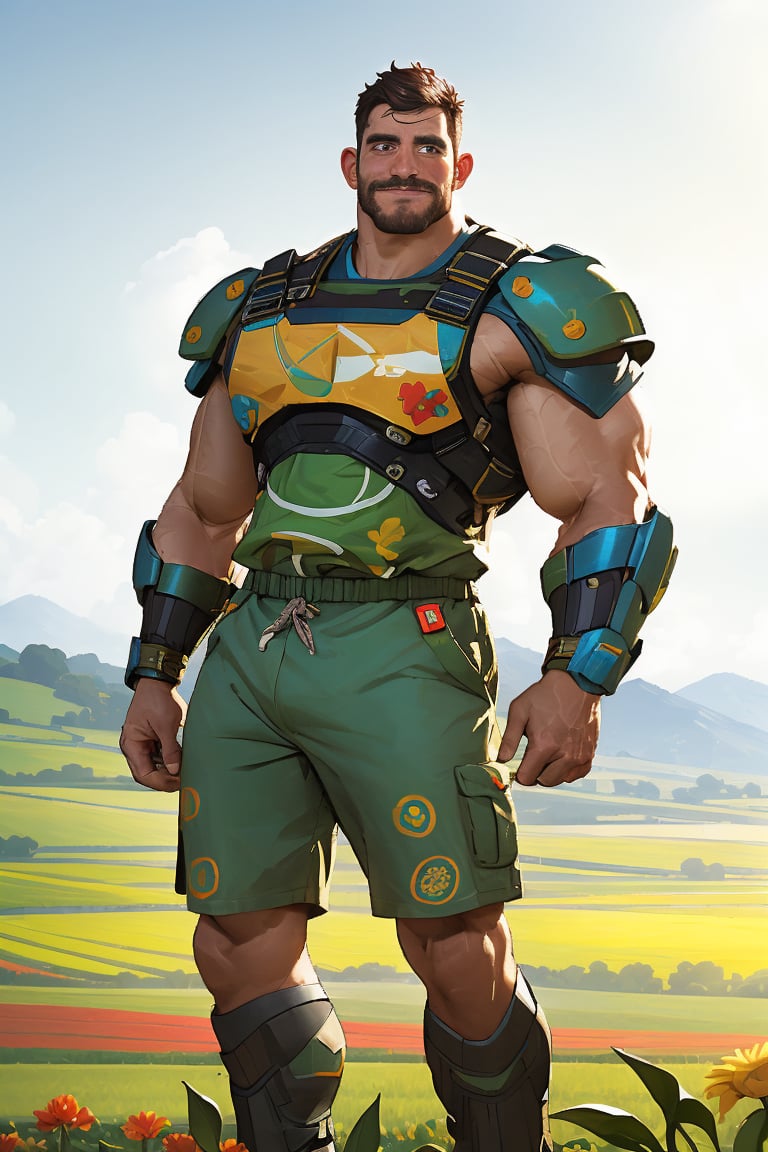 Ollie is a muscular rugged fat English futuristic farmer, wearing power armor farmer wear, in the futuristic crop fields, colorful, depth of field, vibrant, techno, highres , uhd, joy