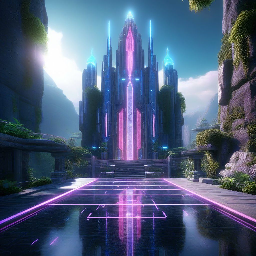 professional 3d, exceptional absurdperfect materpiece image of a futuristic  towering cyber castle, outdoors, neon columns, holographic glasses, glassy door, ray-tracing reflections refractions, smooth, start lit windows, unreal engine, professional architecture, extremly intricate, pavement, plants, signals, daylight, bright day, cyberpunk mountain background, rainy skyes, water, incredibly absurdrers, high-definition, 