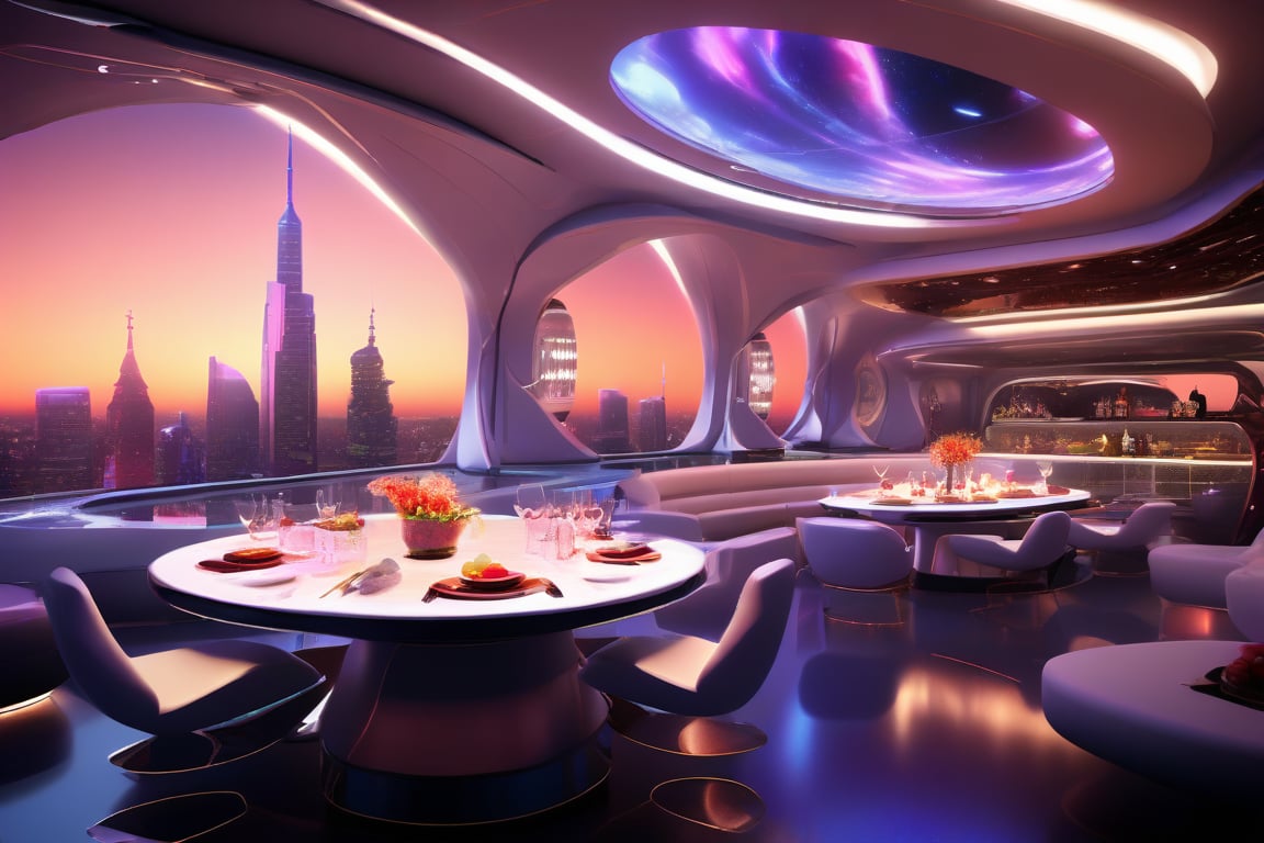 absurdperfect large luxury fututistic spatial restaurant high-tech dim light, widows to deep space and planets, indoors, eletronic tables, glowing food, sleek different futurusitc chairs, radiant, colorful, depth of field, professional exceptional space design masterpiece, intricate details , award-winning smooth clear clean CGI 64k Wallpaper printed in glassy paper,  professional concept art, 3d, unreal engine, highres, high-definition,  epic creative, absurdoriginal, fun,  ray-tracing reflections, (rendered in Maya),