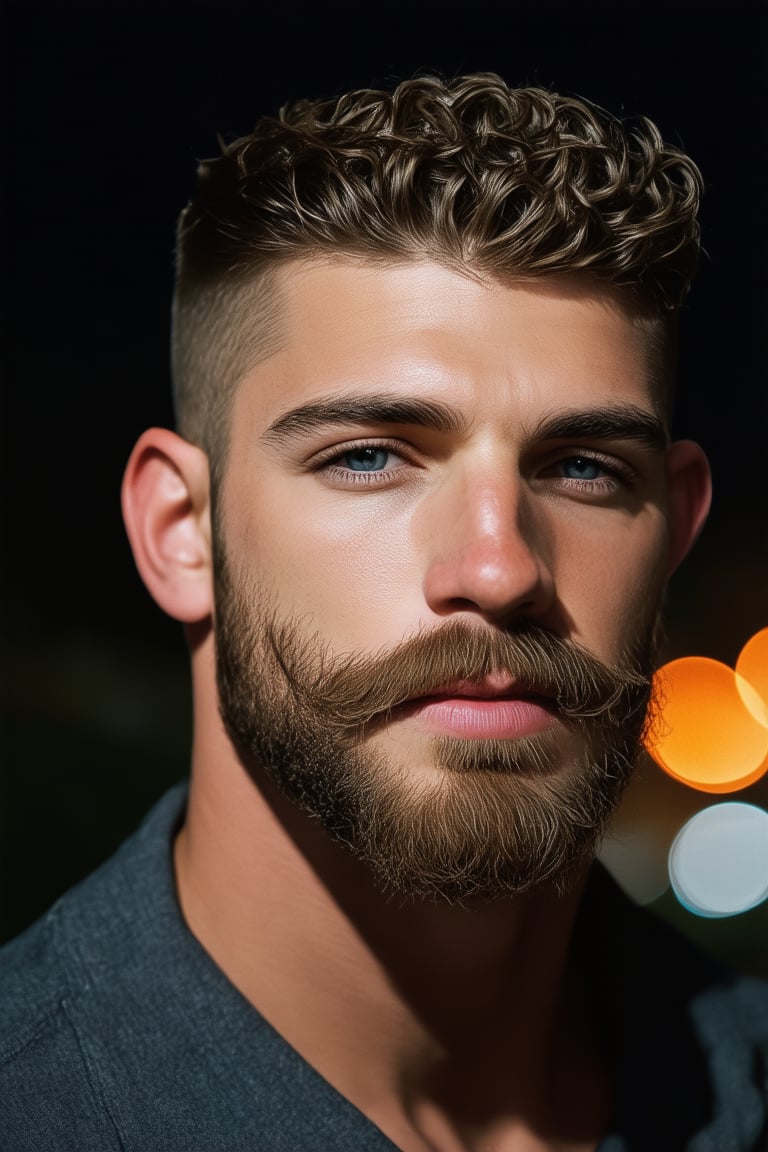 dynamic view, A stunning nighttime portrait of a handsome man, featuring short undercut wavy hair and impeccable facial hair - a perfectly trimmed (long beard) and goatee. Framed by the majestic Leica 65mm lens, the subject's face is bathed in dramatic backlighting, creating a striking contrast with the dark background. The bokeh effect adds a sense of depth and dimensionality to the image. Set against a serene outdoor environment at night, this high-resolution masterpiece exudes perfection in every detail, showcasing exceptional quality and definition.