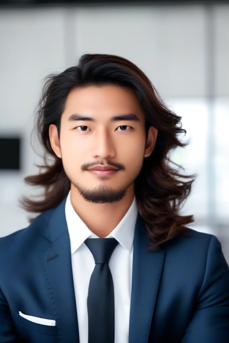 (masterpiece, only realistic, photo, best quality), photo of a masculine handsome man, wearing formal clothes in style while focused in the modern office, LONG MESSY WAVY HAIR, BEARD, ASIAN, highres image scan, exceptional professional smooth clear clean photo, realism, vibrant, colorful, matte, shallow depth of field, 70mm, extremely perfect, tall, muscular, 