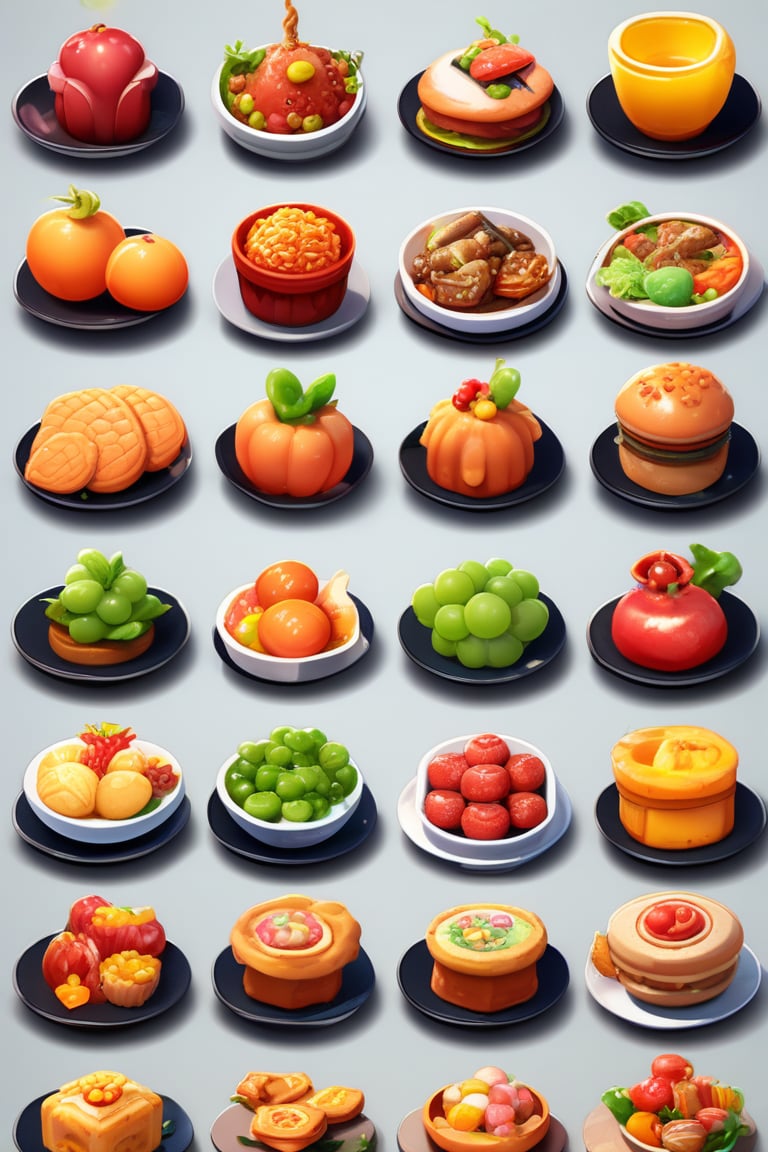 game rpg food design design, multiple random rpg cute food with intricate icons emblems on a organized board, professiona concept art, 3d, unreal engine, highres, high-definition, profesional smooth clear clean cgi in uhd printed in glossy paper, exceptional masterpiece, epic creative, absurdoriginal, fun, cute, ray-tracing reflections,