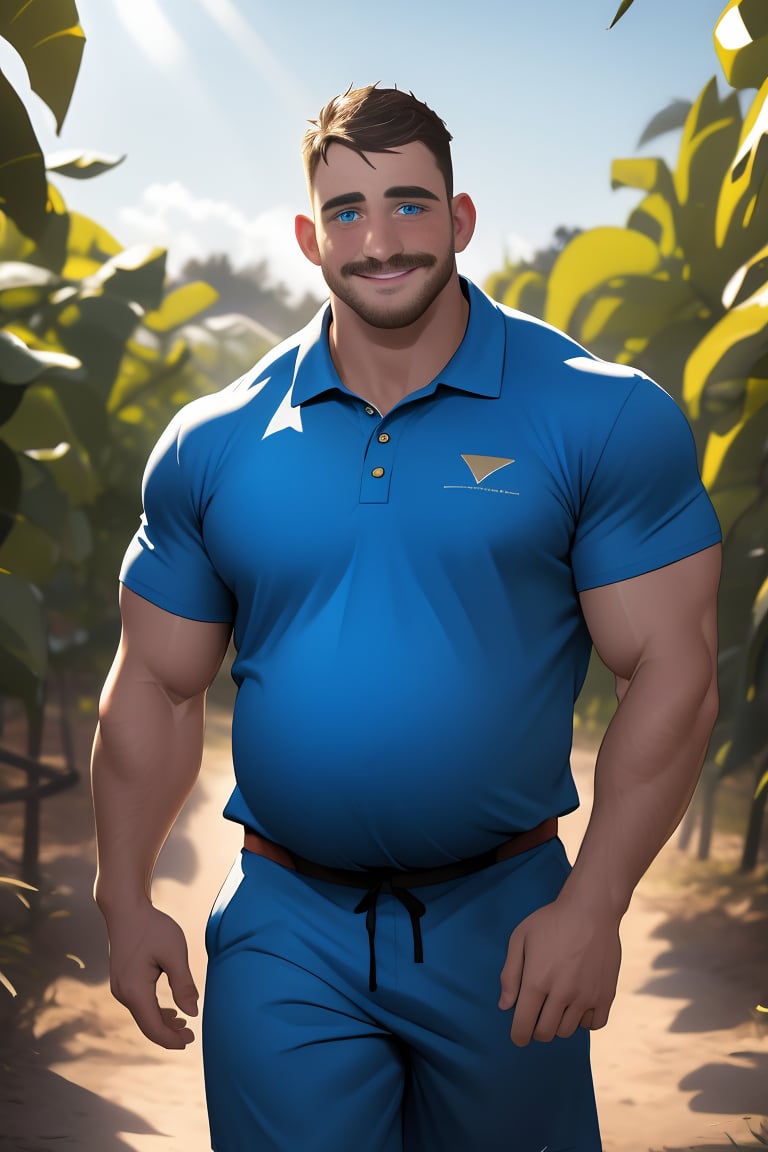 Here is the SD prompt:

Confident Ollie stands tall in a lush farm setting, warm matte light casting a flattering glow on his rugged features: bright blue eyes, robust arms, strong hands, and a charismatic smile. His plump belly and thick eyebrows add to his masculine charm as he poses in fully clothed attire. The camera captures his enthusiasm amidst colorful scenery with a shallow depth of field emphasizing his joyful expression.