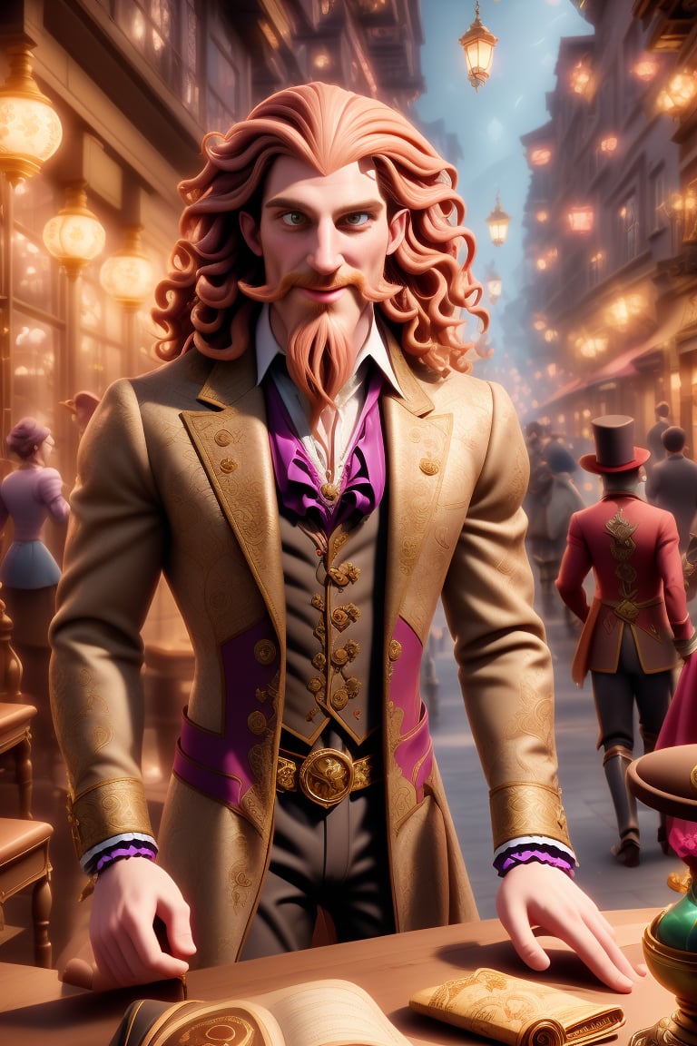 Herin, a majestic Welsh sorcerer, stands at a Victorian-style table, his pale-brown beard and wavy hair flowing in the gentle breeze. He dons a dapper magician's outfit, complete with intricate patterns and a top hat, as he focuses on a trick. The lighting is warm and inviting, casting a golden glow on the scene. Herin's eyes sparkle with mirth as he adds a dash of fun to his performance. In the background, a lively Victorian street comes alive with vibrant colors and busy activity. Faded figures in period attire hurry by, oblivious to the whimsical magic unfolding before them. The air is electric with an aura of joy and originality, captured in stunning UHD resolution within the Renderman Engine.