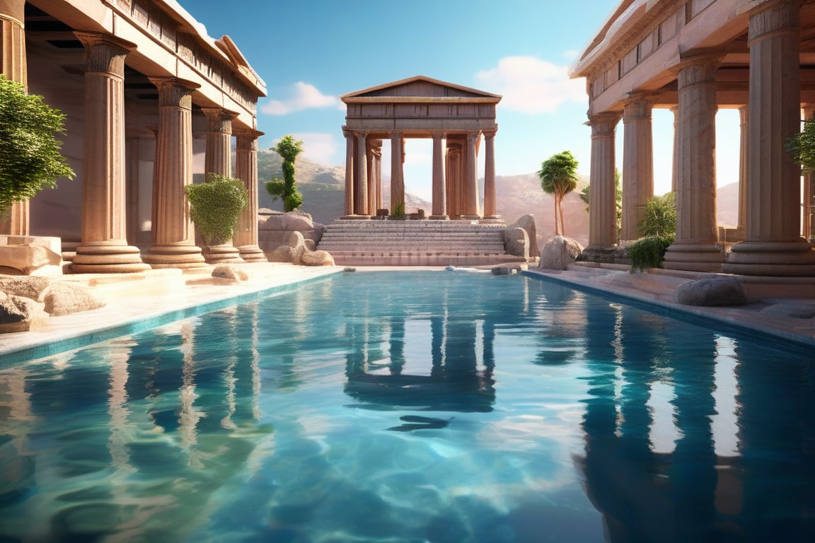 3d rendering, absurdperfect image of ancient greece, highly intricate, reflections, decorations, structures, statues, beautiful, professional space design, surreal quality, highres, depth of field, impressive, perfect, highly-detailed, joyful, cinematic, exceptional masterpiece, high-definition, smooth clear clean CGI in UHD, unreal engine,, colorful, vibrant, alive, vivid, happy, historical,