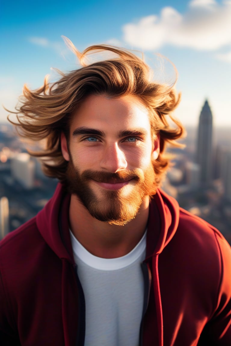 (masterpiece, only realistic, best quality), absurdperfect professional clear clean smooth sharp focus photo of a handsome masculine Welsh man called herin, he has short wavy hair flowing with the wind, long beard, wearing masculine tracksuit, outdoors, on top of a skyscraper, urban city landscape, sky, exceptional professional dynamic original new newest portrait, uhd, incredibly absurdres, symmetry is excellent, vibrant, colorful, joyful, realism, 