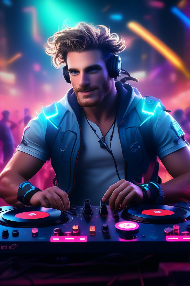 professional 3d, image of a masculine English man called herin,  he has mechanical arms, cyborg, short wavy hair flowing with wind, blue-eyes, beard, cyberpunk, playing as dj at the turntable-system at the pardy, crowd cheering in the faded background, depth of field, leds, in high-tech cyberpunk party, colorful, unreal engine , intricate, well-drawn male person in high-details, cool, nice, vibrant, smooth, clear, high-definition, highres, perfect, futuristic, sci-fi, 