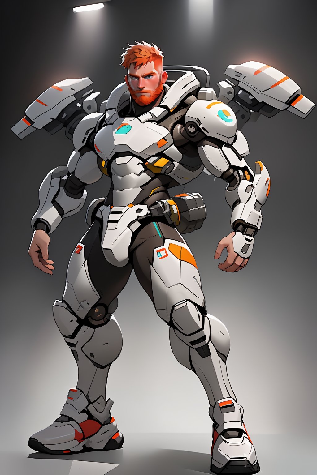 A lone figure, a dashing italian spaceman with a (ginger beard) and a buzz-cut, poised in well-rendered fully-clothed large niji masculine bulky(grey white) mecha armor, warfield scifi depth background, mechanical legs, large sneakers, colorful, realistic, masterpiece, detailed,HIGHLY DETAILED, SHARP FOCUS,ENHANCER,  absurdres, highres image scan, incredible high quality uhd,niconawt, (REALISTIC STYLE)