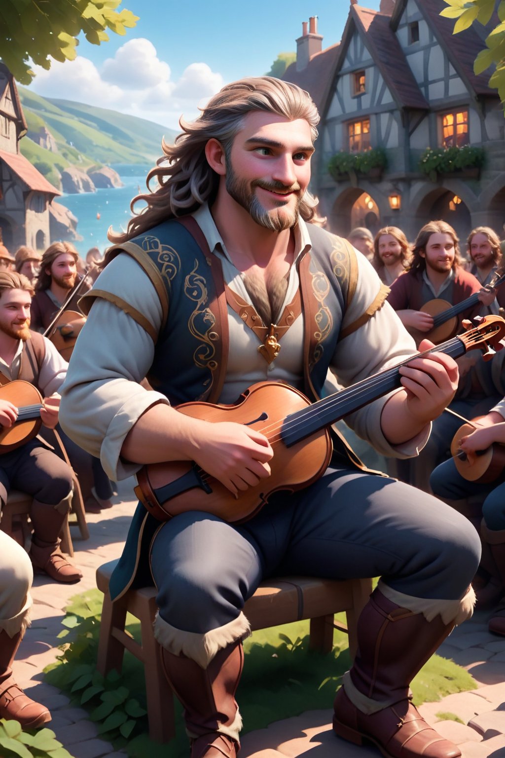 In the heart of a bustling medieval village, Herin, a charismatic Welsh bard, sits majestically amidst a sea of expectant faces. His luscious grey-brown locks flow like a river down his back, while his beard's wisps dance in the warm sunlight. The instrument of his craft, a beautifully crafted harp or fiddle, rests upon his knee as he strums out a lively tune. The crowd's joyful murmurs and smiles are subtly visible in the background, their faces aglow with anticipation. Soft focus, vibrant colors, and high-definition clarity bring this fantastical scene to life, radiating good vibes and optimism.