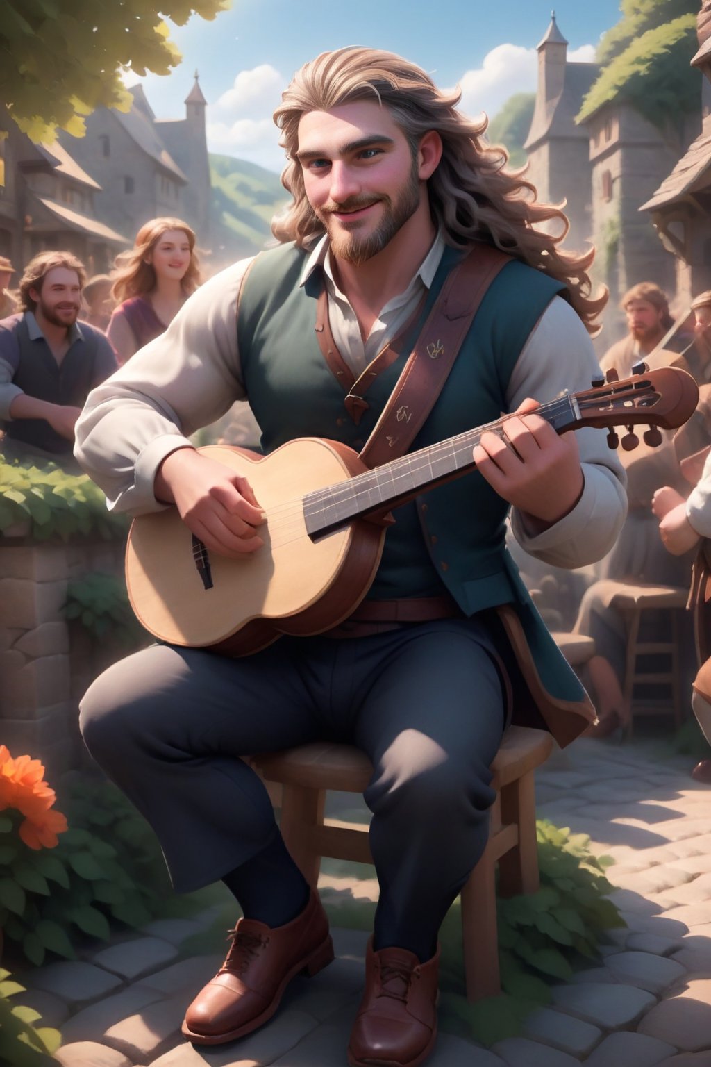 In the heart of a bustling medieval village, Herin, a charismatic Welsh bard, sits majestically amidst a sea of expectant faces. His luscious grey-brown locks flow like a river down his back, while his beard's wisps dance in the warm sunlight. The instrument of his craft, a beautifully crafted harp or fiddle, rests upon his knee as he strums out a lively tune. The crowd's joyful murmurs and smiles are subtly visible in the background, their faces aglow with anticipation. Soft focus, vibrant colors, and high-definition clarity bring this fantastical scene to life, radiating good vibes and optimism.