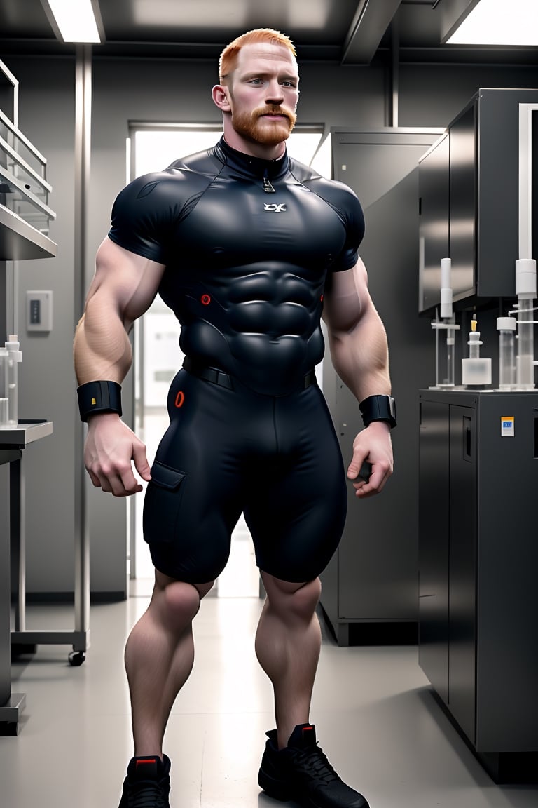 my favorite image of the best perfectly-shaped realistic masculine hacker male ginger handsome person at the hightech laboratory, ult facialhair 33yearold masculine , thick arms, large hands, neoprene masculine hackerwear on, standing near high-tech machine in laboratory which is surprising!, symmetric limbs person everything, in fully-clothed masculine hackerwear, high-tech, masterpiece, realistic, highres image scan, very smooth clear clean high-tech image, uhd, centrefold, associated press, no crop, dynamic view, large bulky tough, (he him his), brutalist, highly detailed,lantzer with pale matte ginger hair, tall,