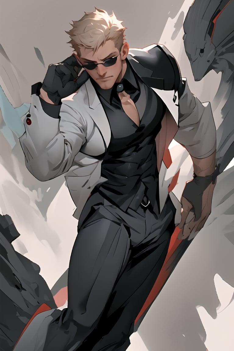 A suave and sophisticated spy, dressed to kill in a sleek tuxedo, gazes out at the viewer through trendy shades. His fair skin glistens with a hint of masculinity, as short, stylish hair frames his chiseled features. The high-definition character design pops against an abstract background, where bold brushstrokes evoke a sense of high-stakes action. A fusion of cool and entertainment, this original artwork embodies artistic flair.