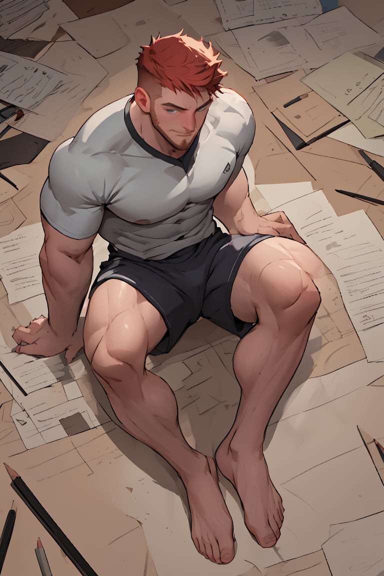 A super high-angle isometric view of the designer's concept ground, English ITALIAN male NICONAWT, a well-drawn, 25yearold handsome male with GINGER hair and facial hair, sits on a sheet of white paper with scribbles and notes. He looks up at the viewer from above, his head and full body visible. His striking blue eyes sparkle as he smiles, surrounded by pencils and traditional media sketches. He wears a (red soccer) shirt and decent long shorts, his arms and legs in perfect symmetry. The background features random brushstrokes on white paper, with notes and sketches scattered about. he his him flushes with freckles and prominent chin and cheekbones accentuate his masculine features, symmetric legs with realistic movement, symmetric well-drawn masculine large barefeet with perfect-toes, realistic arms at the sides movement, well-drawn hands, fair skin, niconawt