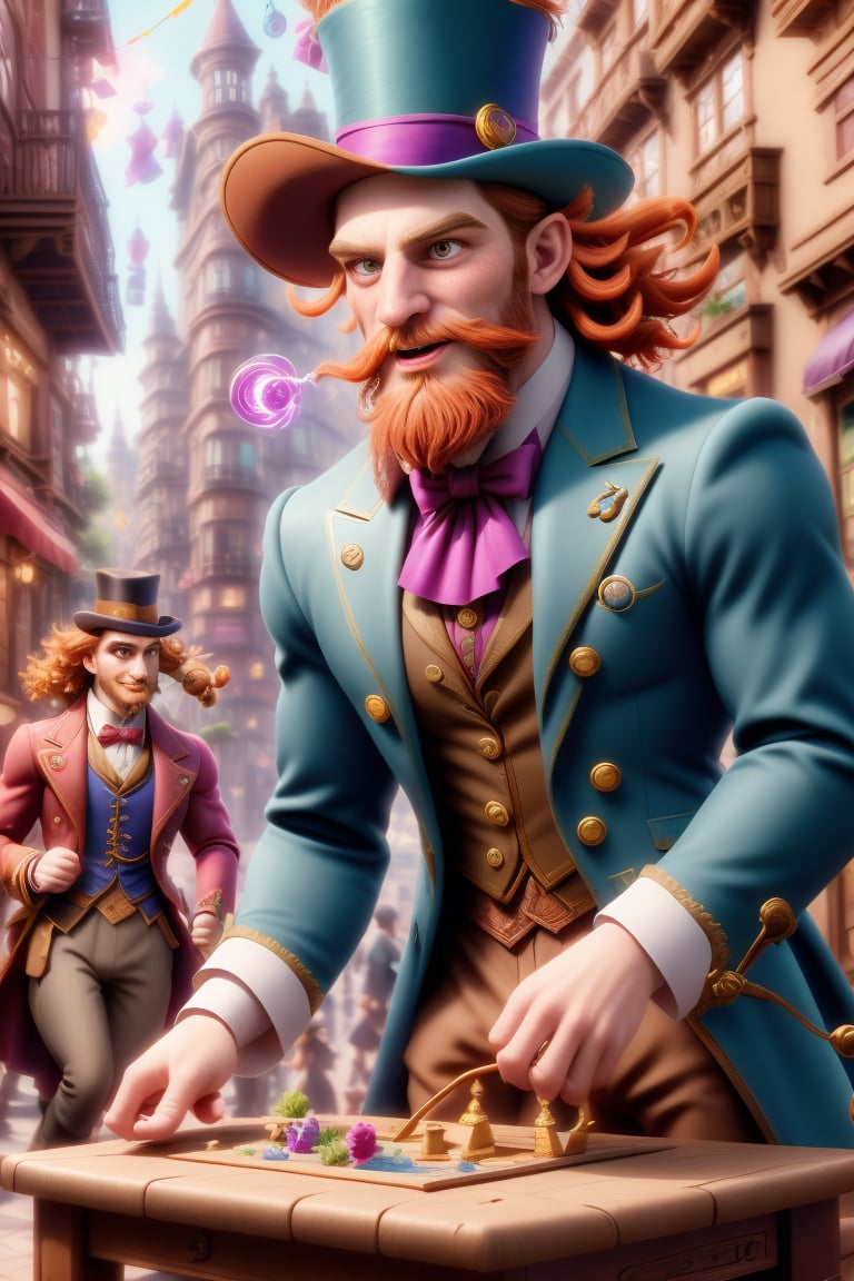 Herin, a rugged Welsh magician, sports a fiery beard and windswept hair as he conjures tricks at a bustling Victorian streetside table. Dapper in his top hat and cape, his eyes sparkle with focus and fun amidst the vibrant, high-res backdrop of a colorful street scene. Rendered in Renderman Engine's finest detail, Herin's intricate trickery is set against a faded cityscape, where Victorian-era pedestrians weave through the scenery, their faces aglow with wonder. The air pulses with magical energy, as joy and creativity radiate from this whimsical, original setting.