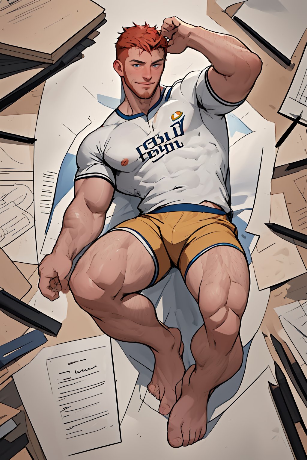 (realistic, photo, photorealistic, realism), A super high-angle isometric view of the designer's concept ground, English ITALIAN male NICONAWT, a well-drawn, 27yearold handsome male with GINGER shorthair and facial hair, sits on a sheet of white paper with scribbles and notes. He looks up at the viewer from above, his head and full body visible. His striking blue eyes sparkle as he smiles, surrounded by pencils and traditional media sketches. He wears a (italian soccer) shirt and decent long shorts, his arms and legs in perfect symmetry. The background features random brushstrokes on white paper, with notes and sketches scattered about. he his him flushes with freckles and prominent chin and cheekbones accentuate his masculine features, symmetric legs with realistic movement, symmetric well-drawn masculine large barefeet with perfect-toes, realistic arms at the sides movement, well-drawn hands, fair skin, niconawt