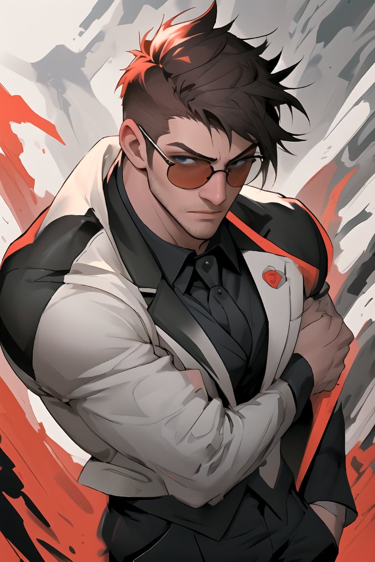 A suave and sophisticated spy, dressed to kill in a sleek tuxedo, gazes out at the viewer through trendy shades. His fair skin glistens with a hint of masculinity, as short, stylish hair frames his chiseled features. The high-definition character design pops against an abstract background, where bold brushstrokes evoke a sense of high-stakes action. A fusion of cool and entertainment, this original artwork embodies artistic flair.