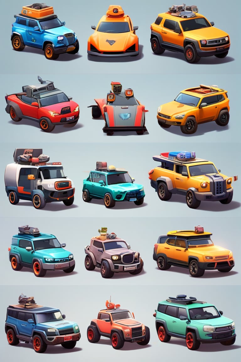 game rpg vehicles design, multiple random rpg cute vehicles with intricate icons emblems on a organized board, professiona concept art, 3d, unreal engine, highres, high-definition, profesional smooth clear clean cgi in uhd printed in glossy paper, exceptional masterpiece, epic creative, absurdoriginal, fun, cute, ray-tracing reflections,