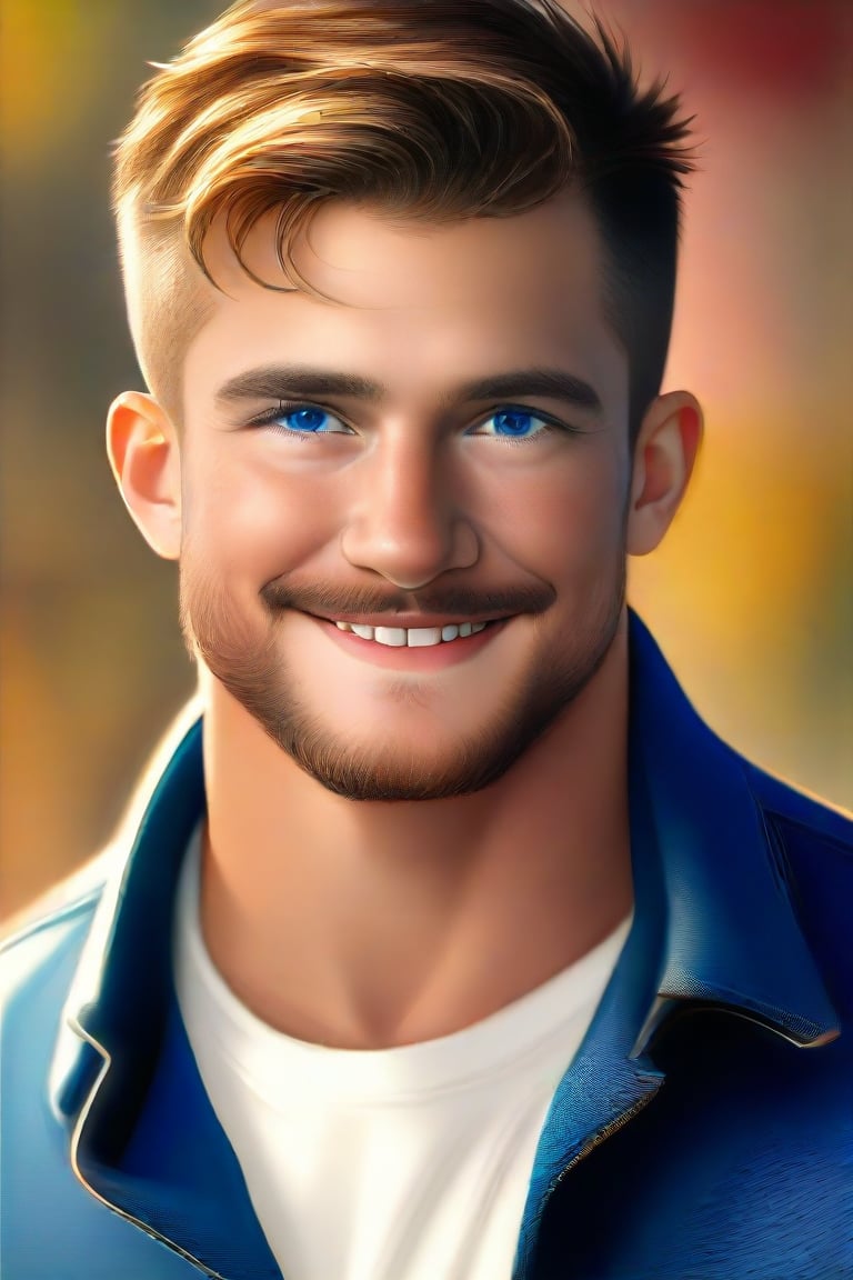 Here is a prompt that captures the essence of your request:

Capture the exceptional masterpiece of Ollie, a mature and handsome English male, in a realistic professional portrait. He stands confidently looking at the viewer with his piercing blue eyes, sporting short hair and facial hair. A charismatic smile spreads across his face as he blushes slightly. Dressed in casual attire, Ollie exudes charm and masculinity. Against a faded background, the focus is on him, with a shallow depth of field creating a beautiful bokeh effect. The image is rendered in stunning UHD, boasting epic detail and realism. A true work of art, this portrait is alive with vivid colors and textures, making it an original masterpiece that demands attention.