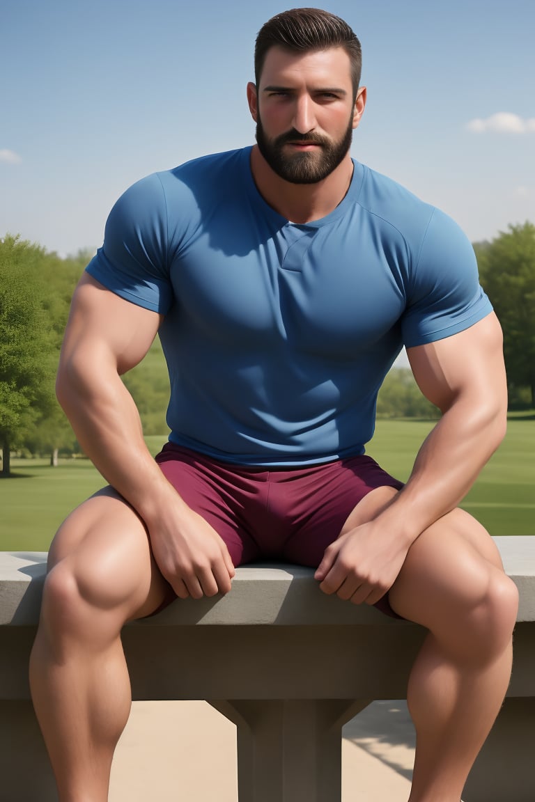 (masterpiece, best quality), isometric, close-up his him liamman is a masculine english male man in style while focused  , brown beard, handsome, muscular, masculine muscular sportswear on,  sitting on a bench at the vibrant urban park,  uhd, masterpiece, vibrant, professional image, depth of field, joyful, colorful, vivid, original, dynamic, daylight,  smooth, clear, clean,   highres image scan,  associated press, matte, 80mm