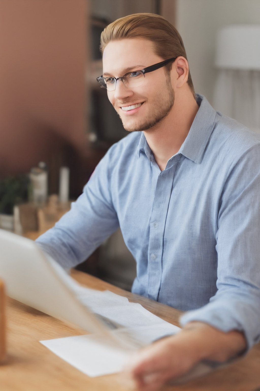 Portrait of a perfectly-shaped realistic man Smiling Handsome Gingerbearded Canadian Man Working from Home on a Laptop Computer in Sunny Cozy Apartment. Successful Male Entrepreneur Does Remote for e-Business Project, uhd, wearing well-rendered fully clothed, rendered in SFM, Cinema 5d, movie still, highres image scan, firm focus, normal life, associated press, Online Shopping, a shutterstock smooth clear clean vibrant image masterpiece,HIGHLY DETAILED,mike zacharias