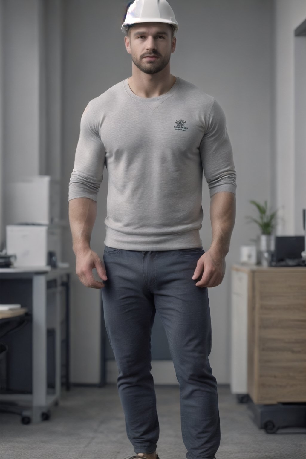 (realistic, photorealistic, adequate quality), a handsome  muscular Canadian manly man in style side-standing while focused at the office, excellent rendered fully-clothed, a shutterstock image, healthy, normal, highres image scan, associated press, firm focus, centrefold, no crop, full scene photo, worksafe, solo,jaeggernawt