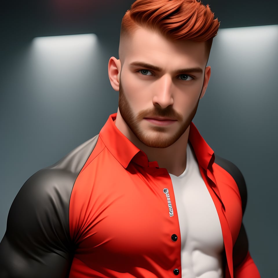 A masterpiece-worthy headshot of the dashing masculine English male, sporting a fiery ginger beard and an air of handsome sophistication. He's dressed in fully-clothed, realistic hacker attire, complete with muscular physique, as he intensely focuses on his computer screen within a futuristic, high-tech room bathed in vibrant, daylight-lit hues. The composition is sleek, with a shallow depth of field emphasizing the subject's joyful expression and the UHD image quality is nothing short of breathtaking.