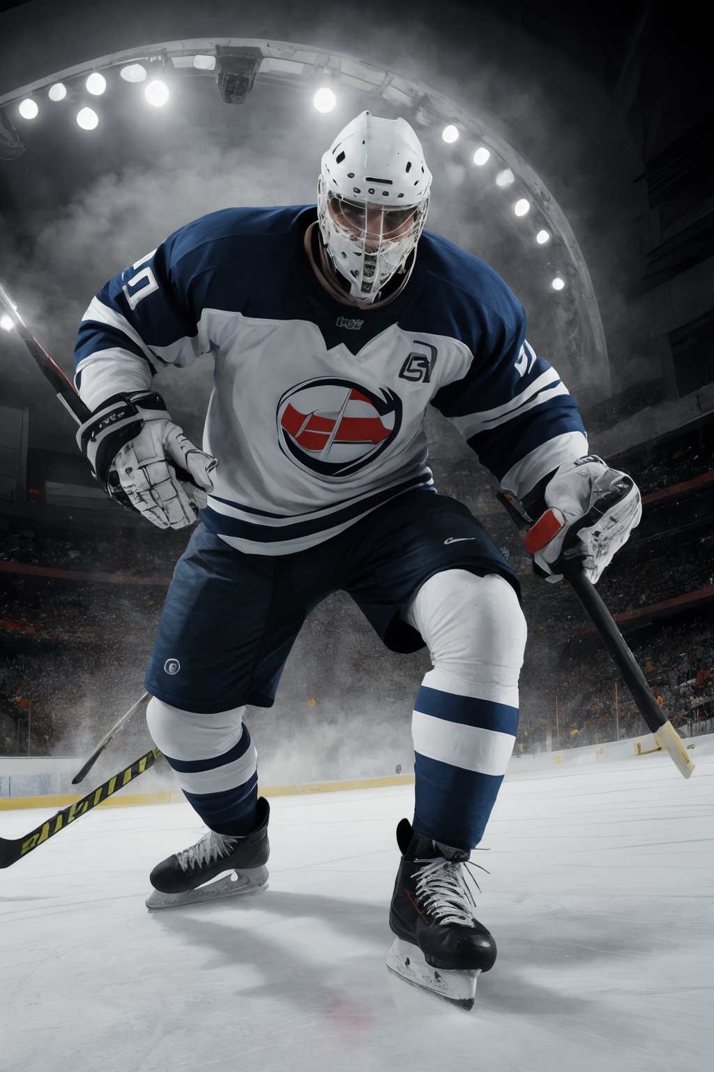 A towering figure in hockey gear dominates the ice ring, enthusiasm radiating from beneath the mask as they skillfully play out a thrilling hockey sequence. Vividly lit, the action unfolds with cinematic realism, showcasing the athlete's well-crafted attire and substantial footwear. With each swift stride, the player's momentum is palpable, their grip on the hockey bar unwavering as they execute precision passes and shots.