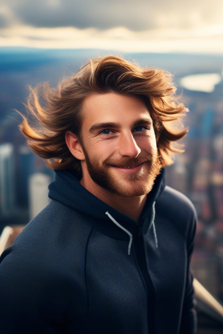 (masterpiece, only realistic, best quality), absurdperfect professional clear clean smooth sharp focus photo of a handsome masculine Welsh man called herin, he has short wavy hair flowing with the wind, long beard, wearing masculine tracksuit, outdoors, on top of a skyscraper, urban city landscape, sky, exceptional professional dynamic original new newest portrait, uhd, incredibly absurdres, symmetry is excellent, vibrant, colorful, joyful, realism, 