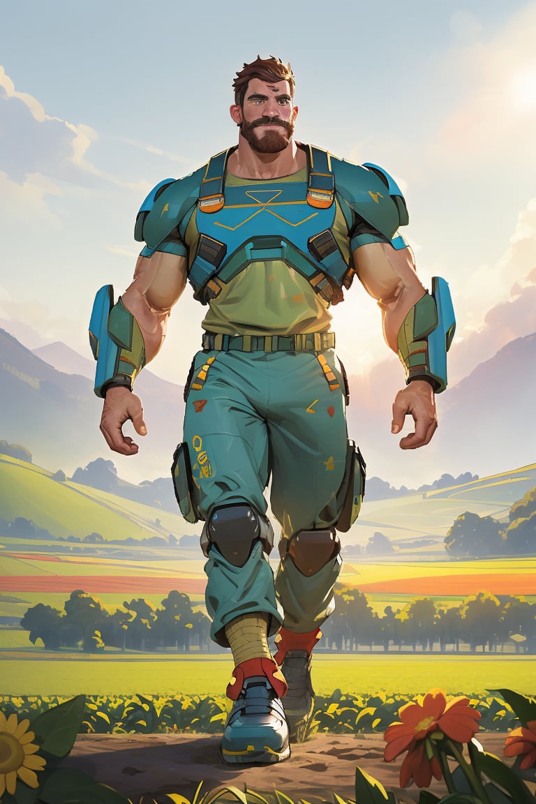 Ollie is a muscular rugged fat English futuristic farmer, wearing power armor farmer wear, in the futuristic crop fields, colorful, depth of field, vibrant, techno, highres , uhd, joy