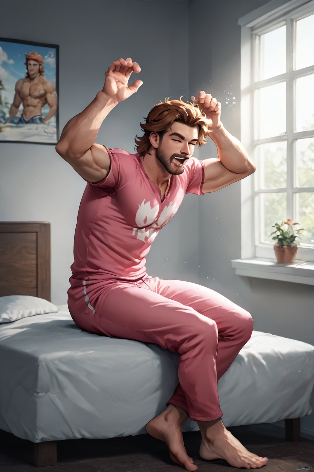 score_8_up, score_7_up, score_6_up, from side

BREAK

a man, mature male, fun, he is on the bed,   brown hair, sitting on bed, waking up, facial hair, yawning, (masculine large (pink) pajama on), drooling, messy hair, very well-drawn male person, symmetric,

BREAK

large plastic colorful bed, cute wallpaper, videogame poster at wall, mario toy alarm clock, doraemon toy, strong arms up , perfectly-drawn masculine large barefoot with perfect toes,  soles at viewer, tall, muscular male, 30yearold,  intricate delicate masculine skin

BREAK

(indoors daylight), messy bedroom, open window, morning, sun ray from window , source_retarded,  rating_questionable,  jaeggernawt,