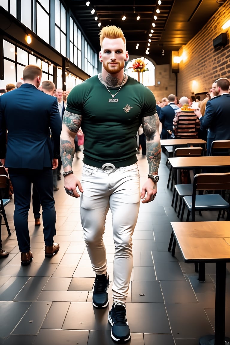 (masterpiece, only realsitic, high quality), a punk chat masculine manly male English man focused lad full of arm tattoo, bodytattoo, legtatoo,  wearing well-rendered male chav weddingcerimonymalechavon on,   near a German church (attending wedding (indoors) while menu while focused:1.3) menu hanging outdoors during a wedding cerimony:1.4, extremely creative artitistic complex high art, wide angle, firm focus, selective focus, infitinite focus, focal lenght, realistism, real reality, real life, real Berlin, real chavs punks in Berliner artsy waste of time. Colorful. Associated Press, Higres image scan, photo courtesy of musem of art in Berlin, kodak chroma, 200mm, go gro