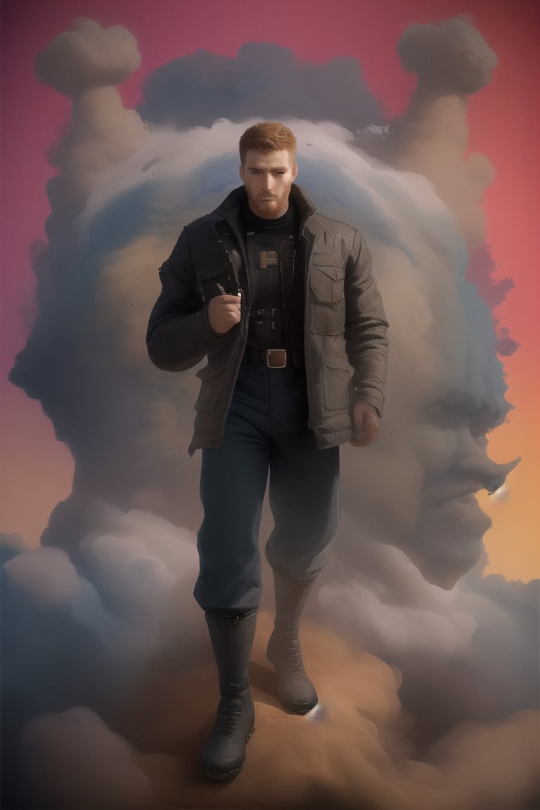 NiconaUt, a dashing 27-year-old Italian spy, stands confidently with muscular physique and chiseled features against a vibrant crayon background featuring a whimsical kingdom. His ginger facial hair adds a touch of ruggedness to his handsome face, framed by a short crew cut hairstyle. He wears a large BLACK jacket over a rendered shirt, Jodhpurs pants, and boots, exuding a sense of adventure as he strikes a dynamic pose. The MATTE PASTEL brushstrokes enhance the definition in his cheekbones, freckles, and overall creative vibe, radiating fun and coolness.,Niconaut