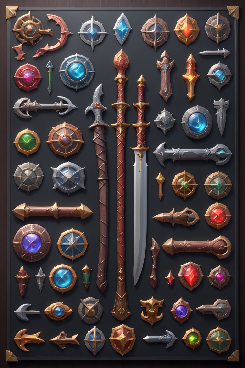 game rpg weapon design design, multiple random rpg weapon emblems on a organized board, professiona concept art, 3d, unreal engine, highres, high-definition, profesional smooth clear clean cgi in uhd printed in glossy paper, exceptional masterpiece, epic creative, absurdoriginal, fun, cute, ray-tracing reflections,