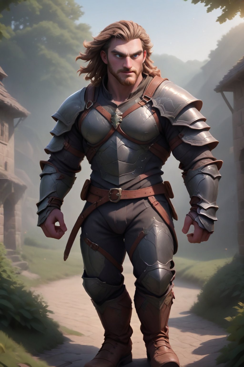 A medieval Welsh warrior, Herin, bursts forth from the misty dawn, his rugged features illuminated by the golden light of sunrise. Messy locks and pale-brown beard flow behind him like a fiery cloak as he charges through the medieval village, armor glinting in the morning haze. He wears a heavy chest plate, armored pants, and masculine knight boots, his movements fluid and powerful. The villagers scatter, startled by the sudden arrival of this fantastical knight, as the camera zooms in on Herin's determined face, captured in high-definition with dynamic lighting and vibrant colors.