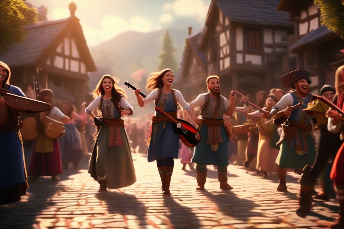 3d rendering, absurdperfect image of a medieval village with traditional band marching while playing instruments, crowd cheering in faded background, professional space design, surreal quality, highres, depth of field, impressive, perfect, highly-detailed, joyful, cinematic, exceptional masterpiece, high-definition, smooth clear clean CGI in UHD, unreal engine,, colorful, vibrant, alive, vivid, happy, historical,