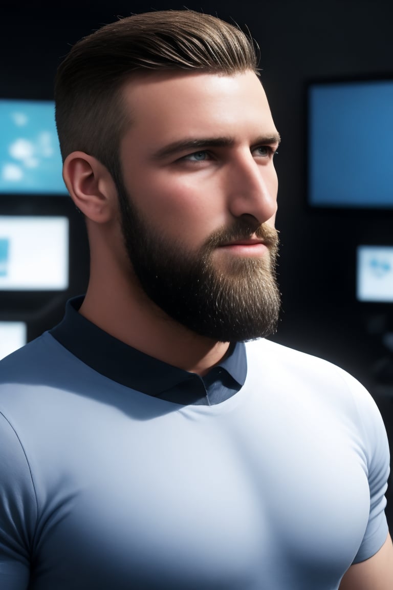 side view,  his name is liamman, liamman is a masculine english male man, brown beard, handsome, muscular,   uhd, masterpiece, vibrant, professional image, depth of field, joyful, colorful, vivid, original, dynamic, working  on the computer while focused in the high-tech hacker room, futuristic, smooth, clear, clean, wearing masculine male hacker-wear on, highres image scan,  associated press, matte, 70mm, 