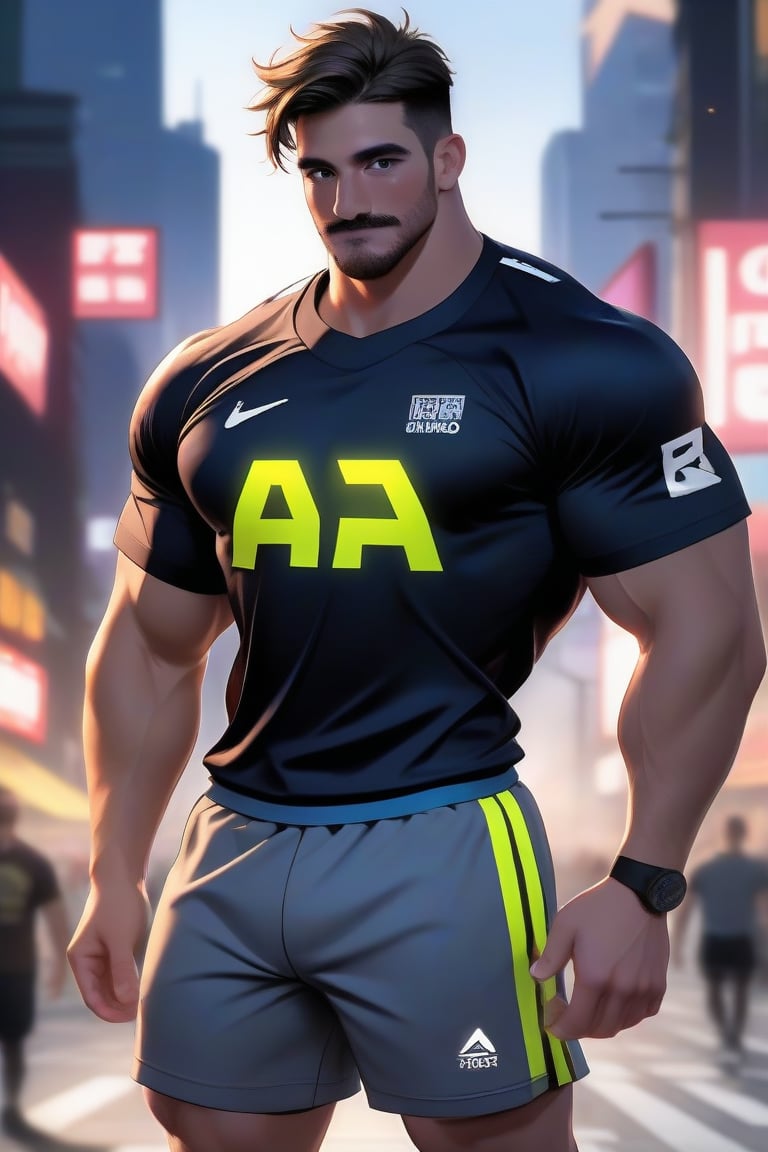 (masterpiece, best quality) , a majestic epic perfectly well-drawn muscular handsome muscular 1boy, facial mustache, brutalist, ((dynamic view)), semi-realistic style , (((manga, anime))), mature male, hair, wearing rugbyshorts on, wearing rugbyshirts on, outdoors in the park, (((anime style))), illustration, inspired by Capcom, inspired by UFOTable, dynamic pose, (depth of field, cyberpunk Neon City background), uhd, best of anime in the world, ultra-sharp, (((highly-detailed))),ollie