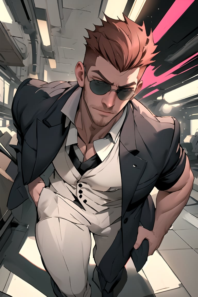 A suave and sophisticated spy stands confidently in the foreground, dressed to impress in a sleek tuxedo and stylish sunglasses. His fair skin has a subtle sheen, contrasting with his short, dark hair that's perfectly messy. The highly-detailed character exudes a sense of professionalism and coolness, as if ready to take on any mission. Amidst an abstract background, bold lines and geometric shapes create a dynamic atmosphere, perfect for a high-stakes spy thriller.