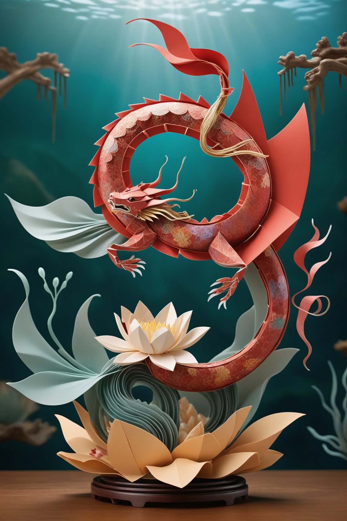 Vibrant underwater realm, reminiscent of ancient Chinese lacquerware. Delicate, hand-crafted origami pieces, intricately folded from shimmering silk-like paper, suspended amidst undulating seaweed. Schools of iridescent fish and jellyfish dance in harmony, their translucent bodies illuminated by soft, golden light. A majestic, crimson-lipped dragon statue rises from the seafloor, its scales glinting like polished jade. Amidst this poetic oasis, lotus flowers bloom, while wispy tendrils of Chinese calligraphy unfurl, carrying ancient wisdoms beneath the waves.