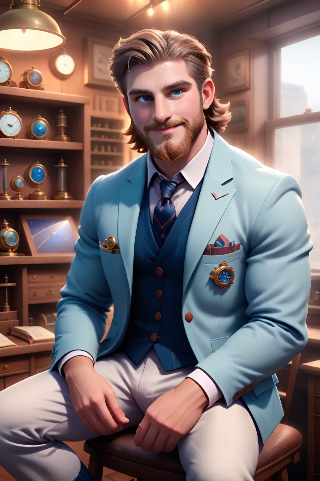 Here's a prompt for a captivating image:

A Welsh gentleman, Herin, sits comfortably amidst a whimsical study filled with vintage scientific instruments and eclectic trinkets. His pale-brown hair is tousled, beard neatly trimmed, and striking blue-eyes sparkle with curiosity. He wears a bespoke ensemble of earthy tones, adorned with intricate brooches and pocket watches. The room's warm glow and soft focus emphasize the textures and patterns on his attire. Herin's bright smile and relaxed posture convey a sense of joy and contentment, as if he's about to share a fascinating discovery.