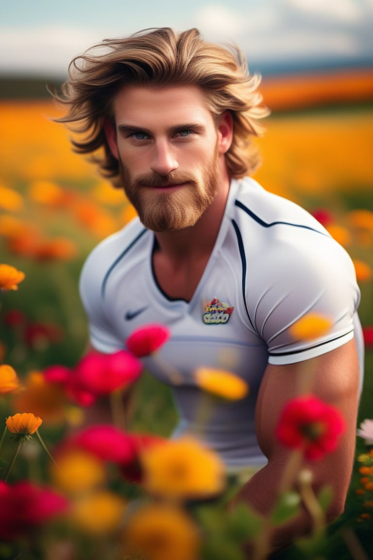 (masterpiece, only realistic, best quality), absurdperfect professional smooth clear clean intricate photo of a handsome Welsh man called herin, he has pale-brown messy short hair flowing, beard, wearing sportswear, dynamic, flower field, outdoors,  uhd, highres, high-definition, vibrant, matte, colorful, exceptional epic photo portrait, symmetry is excellent,