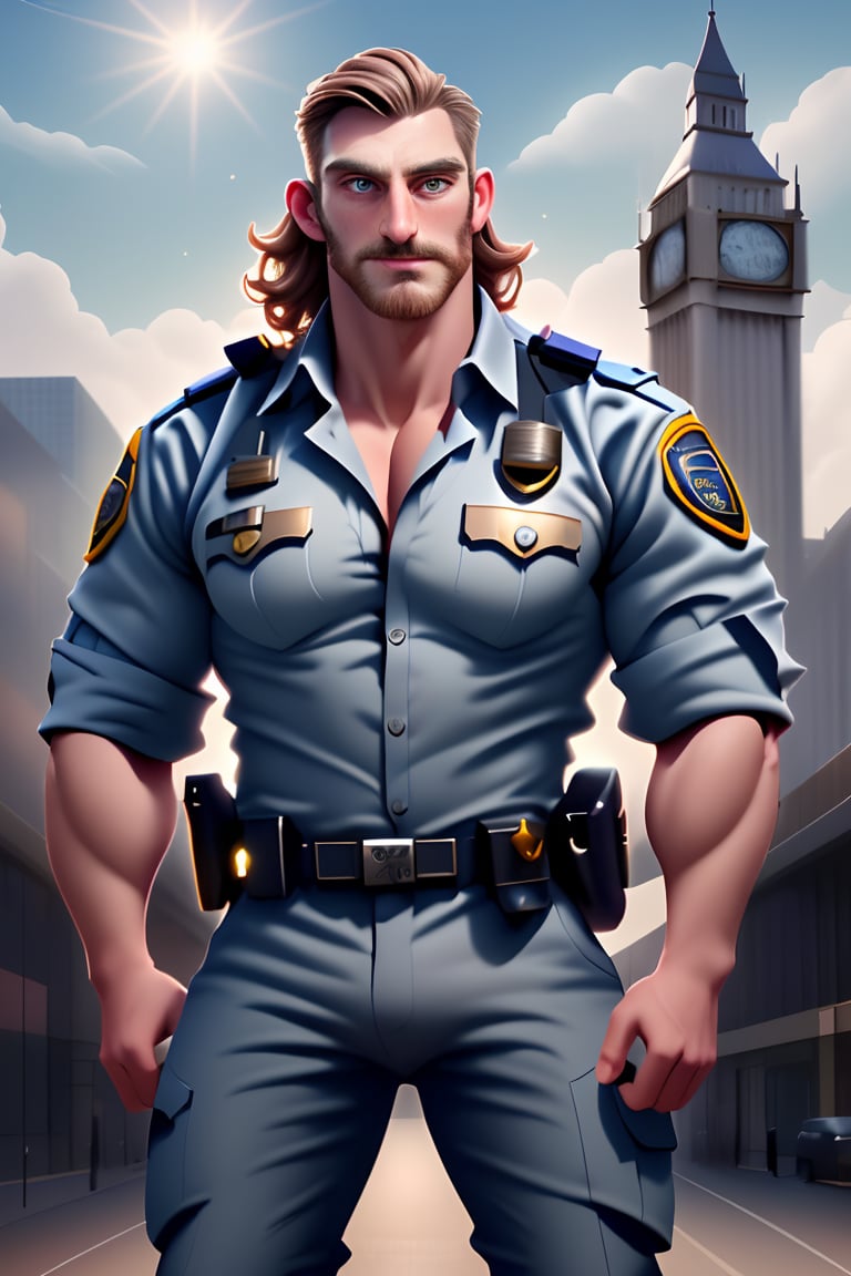 (masterpiece, only realistic, high quality), image of a handsome masculine manly Welsh man called Herin, medium hair, brown hair, beard, wearing well-rendered policeman closed shirt and policeman pants, beld, sidegun, outdoors, london city background, london tower, sky, bridge, building, clouds, sun, highres image scan, associated press, uhd, matte, exceptional, epic,herin