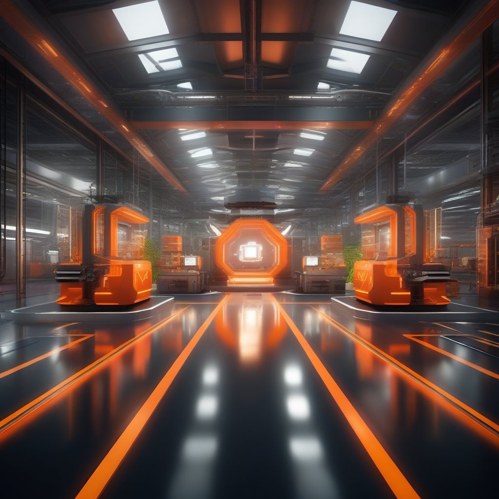 professional 3d, exceptional absurdperfect masterpiece image of a futuristic  high-tech industrial production design, indoors, full-bright ,  ray-tracing reflections refractions, smooth, start lit windows, unreal engine, professional architecture, extremly intricate, industrial machines for robotic productions, advanced engenieering, plants, signals, metallic panels, metallic solid floor, orange signs, realistic, incredibly absurdrers, high-definition, (rendered in Maya) high-octanes,