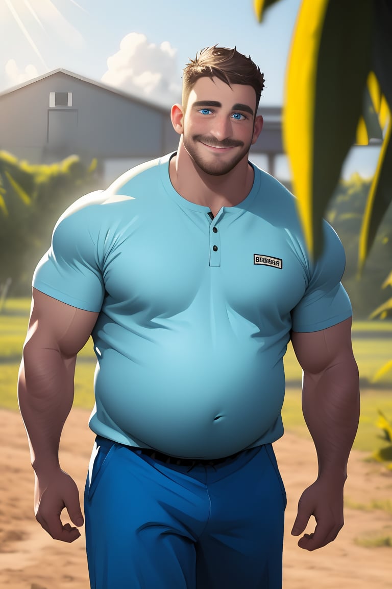 Here is the SD prompt:

Confident Ollie stands tall in a lush farm setting, warm matte light casting a flattering glow on his rugged features: bright blue eyes, robust arms, strong hands, and a charismatic smile. His plump belly and thick eyebrows add to his masculine charm as he poses in fully clothed attire. The camera captures his enthusiasm amidst colorful scenery with a shallow depth of field emphasizing his joyful expression.