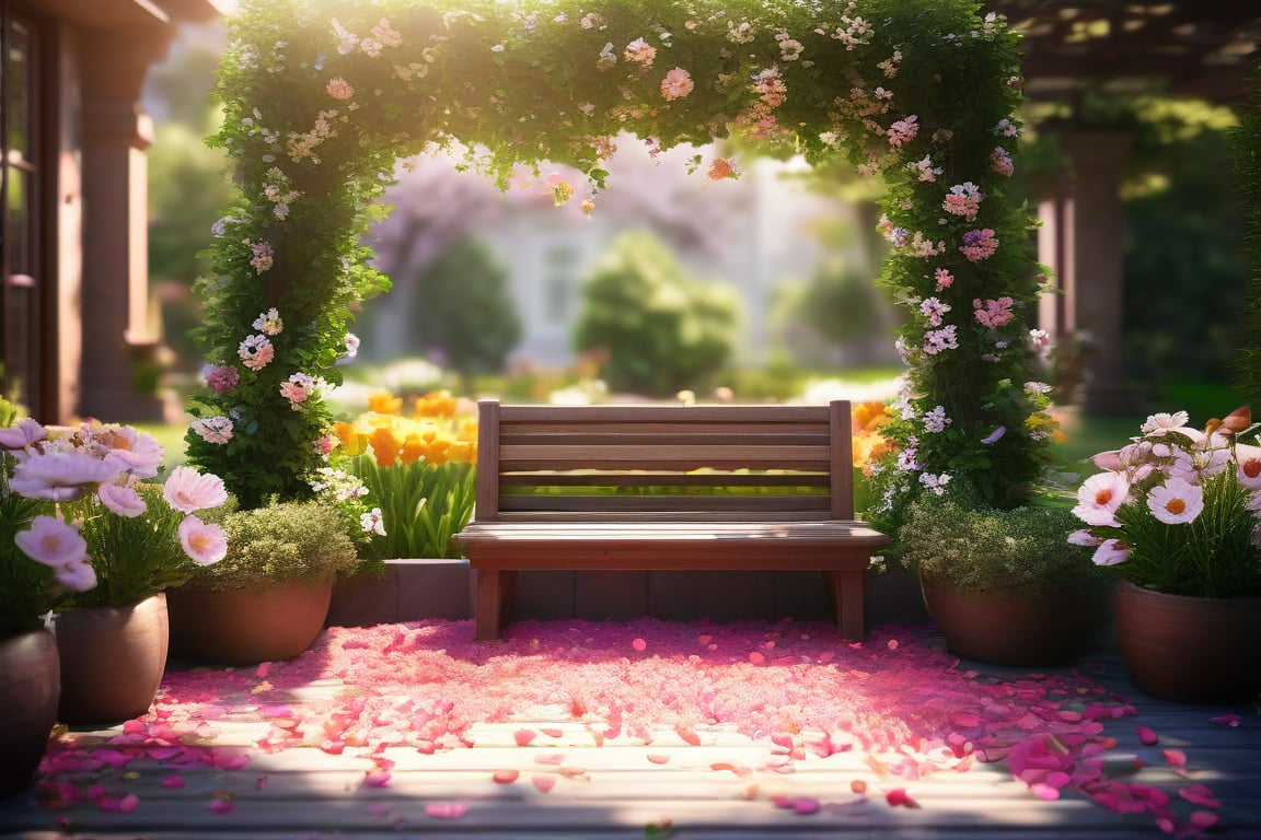 exterior garden with flowers with petals fallings during spring, raw wooden bench, topiary, vases with different plants, enjoy the sun, sun rays, radiant, colorful, depth of field, professional exceptional space design masterpiece, intricate details , award-winning smooth clear clean CGI 64k Wallpaper printed in glassy paper,  professional concept art, 3d, unreal engine, highres, high-definition,  epic creative, absurdoriginal, fun,  ray-tracing reflections,